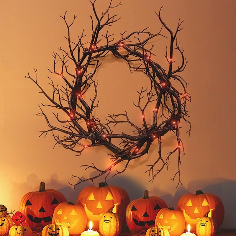 Halloween Black Branch Wreath Signs for Front Door with Red Lights,Handcrafted Halloween Horror Wreath for Indoor Outdoor Party Window Wall Decor Farmhouse Garland Yard