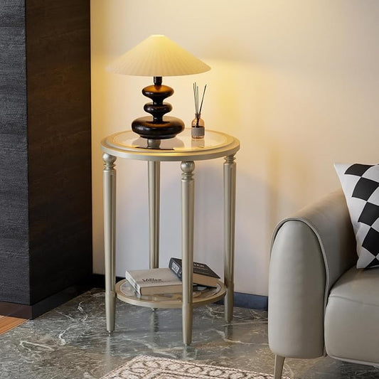 COSIEST Round Side Table, End Table Glass with Wood Frame, Champagne Gold Bedside Table with Modern Style for Living Room, Balcony, Bedroom