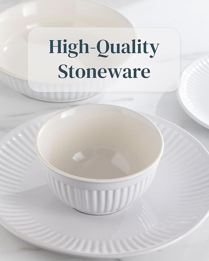 Stoneware Dinnerware Set for 4 People HYGGE 12-Piece - Elegant Scandi Design - Premium Dish Set - Bowl and Plate Set - Tableware for 4 People in a Ribbed Design - Pure Living in White