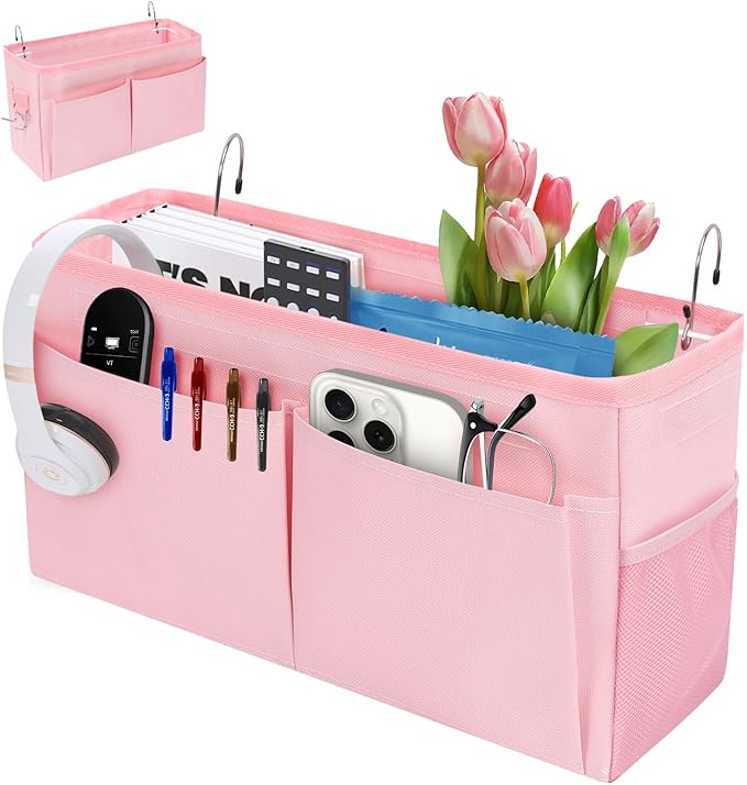 Bedside Caddy Organizer with Fixed Straps, Bunk Bed Caddy ideal for Home, Bunk Bed, Dorm, Hospital, Crib, Versatile Bedside Storage Solution (Pink)