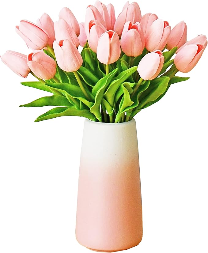 Mandy's Artificial Tulips 28 Stems Light Pink with Gradient Pink Vase PU Faux Flowers for Wedding Home Decor 13.5 Inch