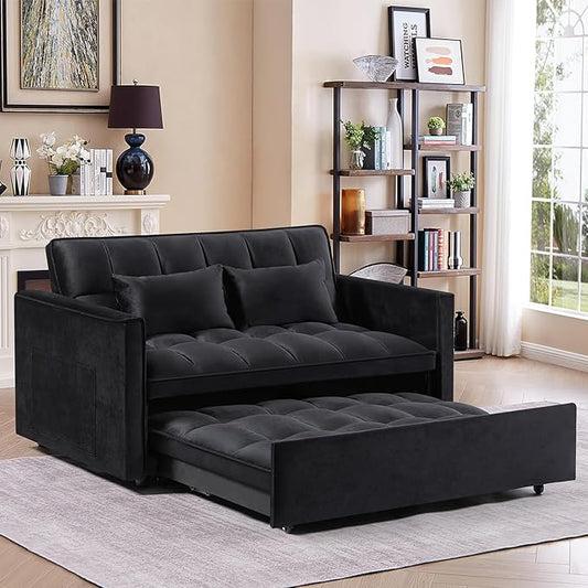 3 in 1 Convertible Sleeper Sofa Bed,Futon Loveseat Couch with Pull-Out Bed & Adjustable Backrest,Velvet Fabric Sofa with Side Pocket for Small Apartment, Living Room, Office (Black)