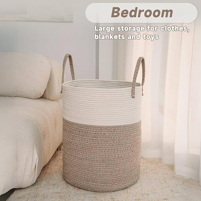 Large Woven Laundry Basket Hamper,60L Cotton Rope Storage Bin for Blankets,Toys and Clothes,Decorative Tall Nursery Hamper for Living Room,Baby Nursery,Bathroom and Bedroom,Brown