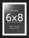 Homeforia 8x6 Black Wood Frame, High End Oak 6x8 Black Wooden Picture Frames with Mat 5x7 Art, 6 x 8 Frame Matted to 5 by 7 inch Photo, 6x8 Wall or Tabletop Frames, Tempered Glass, Wall Kit, Set of 1
