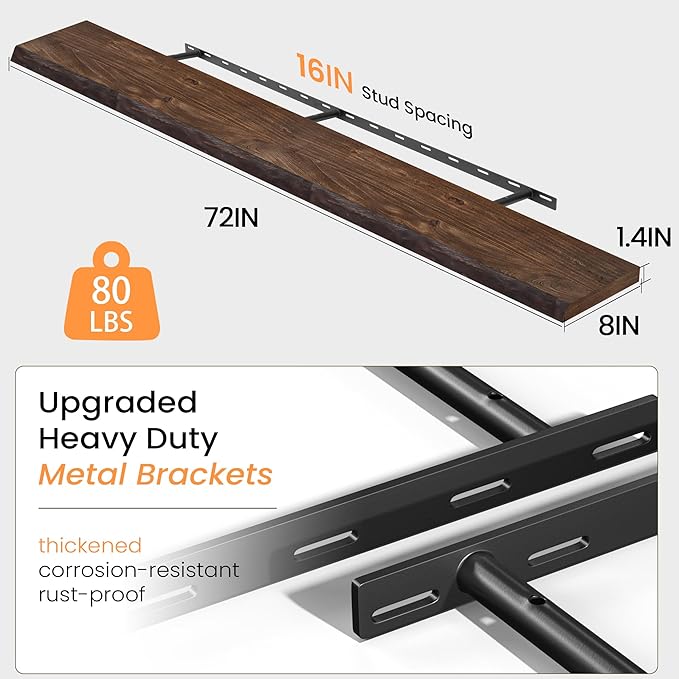 72 Inch Floating Shelves for Wall, Rustic Elm Wood Floating Shelves for Home Décor, Wall-Mounted Display Shelves with Heavy-Duty Bracket, Long Floating Shelf for Kitchen, Living Room, Walnut Finish
