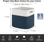 OIAHOMY Cube Storage Basket, 3-Pack Woven Cotton Rope Baskets for Storage, 11-Inch Cube Basket with Handles, Great for Shelves, Closets, Children's Toy Storage and Organization-White & Blue