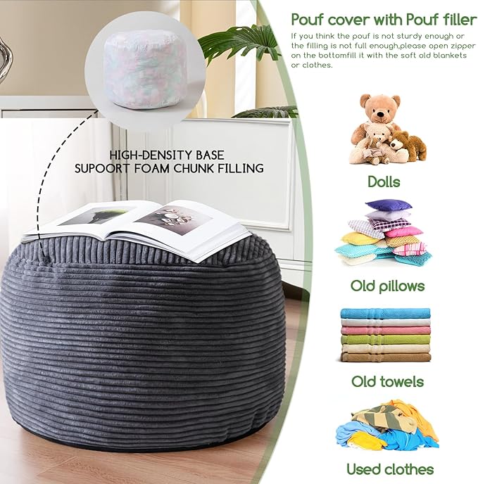 HIGOGOGO Round Stuffed Pouf Ottoman, Corduroy Poufs with Foam Chunk Filling, Furry and Fluffy Pouf Foot Stool Storage Ottoman, 26 X 18 Floor Poufs Foot Rest for Living Room, Dark Grey
