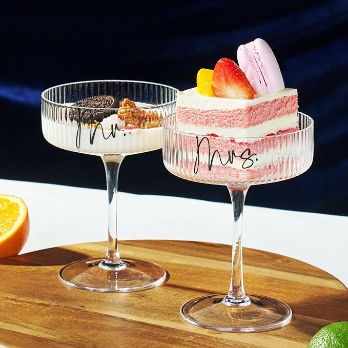 Ribbed Coupe Glasses for Anniversary Engagement Wedding Bridal Shower Gifts for Couple, Crystal Martini Glasses Set of 2, 10 Oz Vintage Wedding Mr and Mrs Champagne Flutes, Margarita Cocktail Glasses