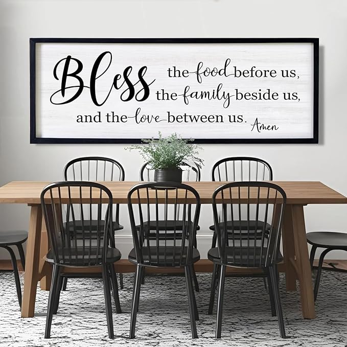 Bless the Food Before Us, the Family Beside Us, and the Love between us Framed Wall Art for Dining Room, 40''×15'' Holy Positive Religious Rustic Bible Verse for Christian God Jesus Christ Prayer