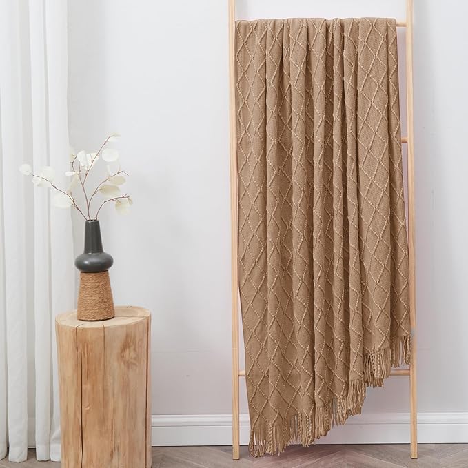 inhand Knitted Throw Blankets for Couch and Bed, Soft Cozy Knit Blanket with Tassel, Khaki Lightweight Decorative Blankets and Throws, Farmhouse Warm Woven Blanket for Men and Women, 50"x60"
