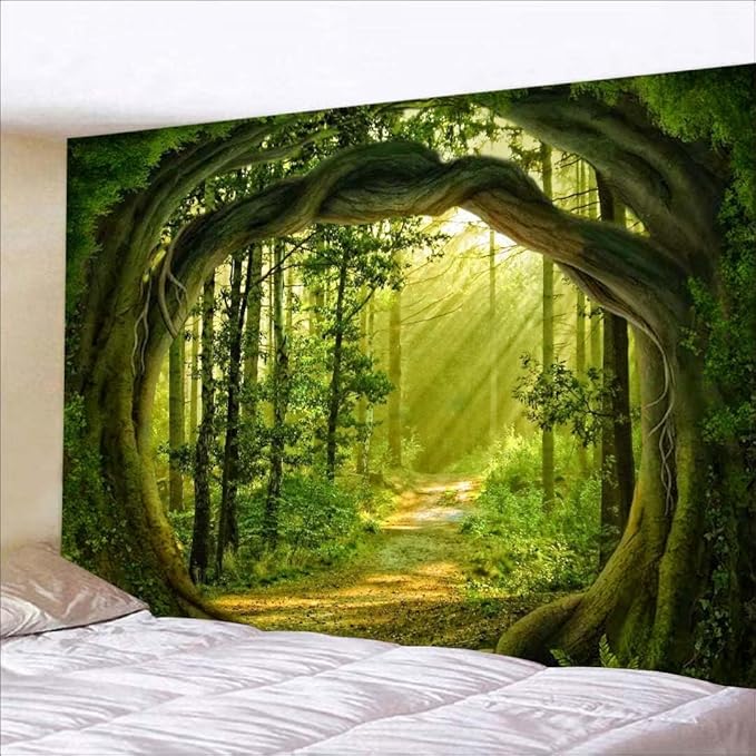 FENDROM Enchanted Forest Tapestry Nature Sunshine Lanscape Green Tree Cave Tapestries Wall Hanging For Living Room Bedroom Home Decorations