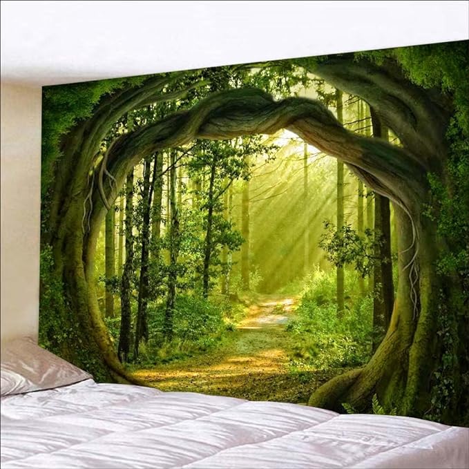 FENDROM Enchanted Forest Tapestry Nature Sunshine Lanscape Green Tree Cave Tapestries Wall Hanging For Living Room Bedroom Home Decorations