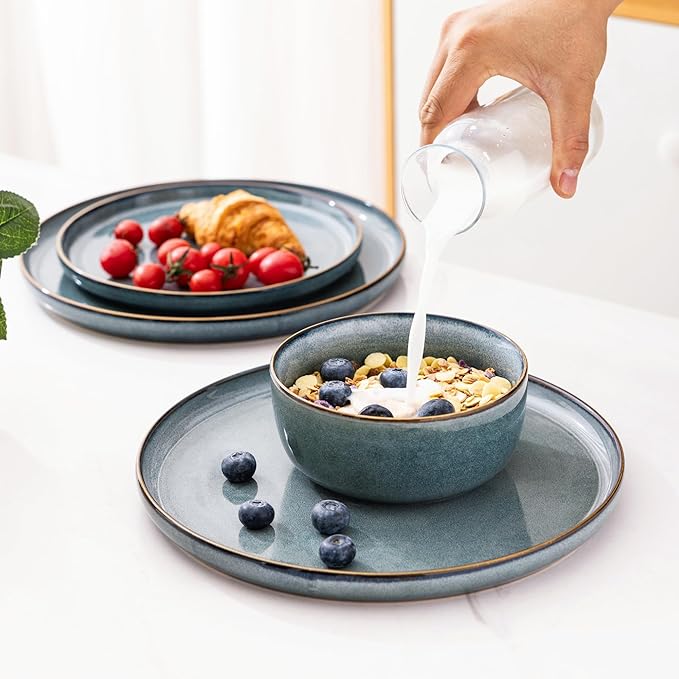 GBHOME Ceramic Dinnerware Sets for 8, 24 Pieces Stoneware Plates and Bowls Sets, Scratch Resistant Dishes, Dishwasher & Microwave Safe, Reactive Glaze-Space