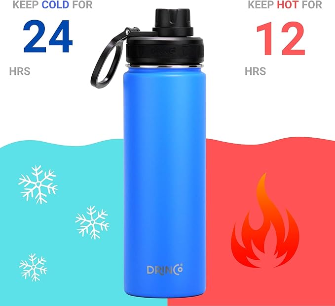 DRINCO Stainless Steel Water Bottle Spout Lid Vacuum Insulated Double Wall Water Bottle Wide Mouth (40oz 32oz 22oz 18oz 14oz) Leak Proof Keeps Cold or Hot (22 oz, 22oz Royal Blue)