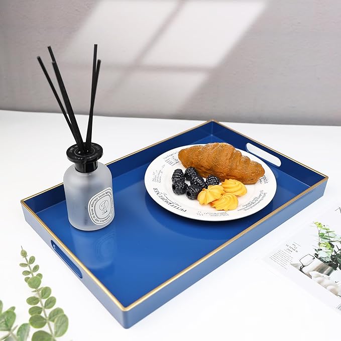 Spsyrine Blue Decorative Serving Tray with Handles, Elegant Plastic Coffee Table Tray for Ottoman, Living Room, Home Decor 15.6" X 10.2"