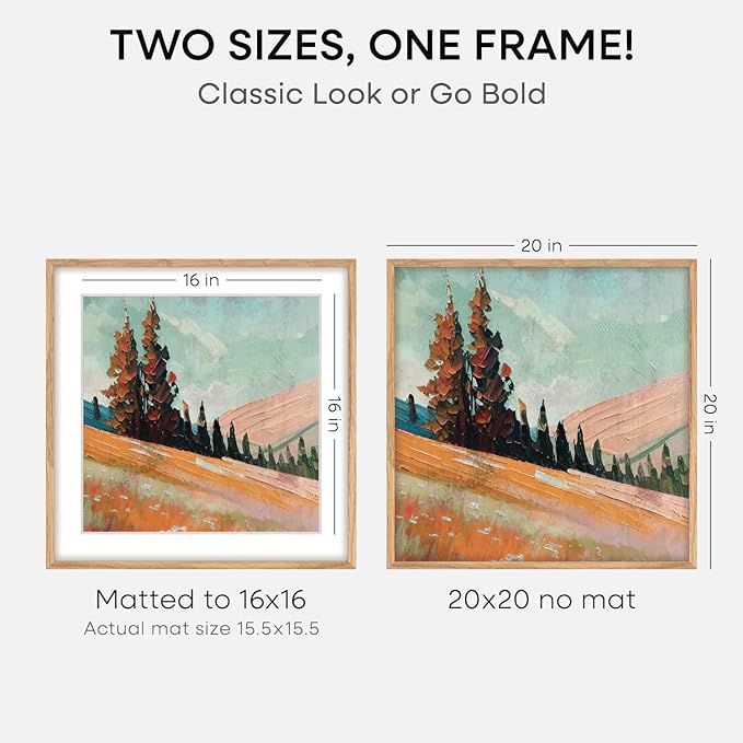 Homeforia 20x20 Wood Picture Frame, High End Natural Oak 20 x 20 Square Light Wooden Frames with Mat 16 by 16 inch Photo, 20by20 Poster Frames Matted to 16x16 Print, Tempered Glass, Wall Kit, Set of 1