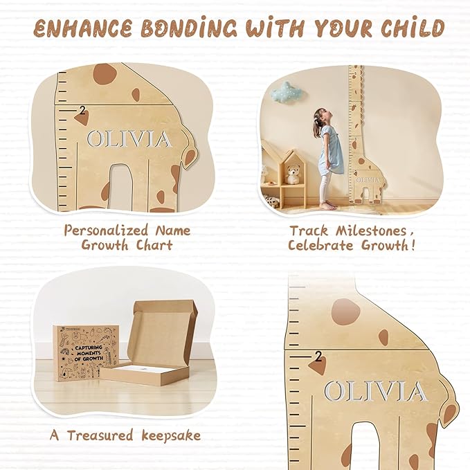 Personalized Name Kids Growth Chart for Wall, Cute Giraffe Wooden Growth Chart Kids Height Chart, Wall Measurement for Kids, Height Chart for Wall, Growth Ruler for Children