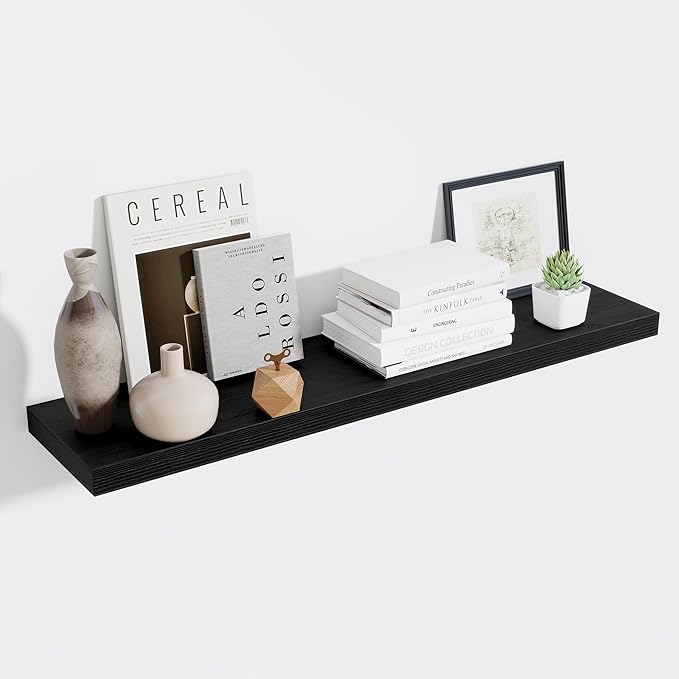 Fun Memories 10 Inch Deep Shelves, Floating Shelves for Wall 48 Inches Long, Wood Floating Shelves for Wall, Large Storage Shelves Wall Mount for Living Room Bedroom, Black, Set of 1
