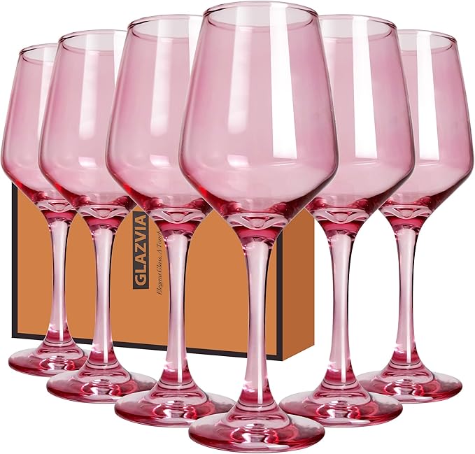 Pink Wine Glasses Set of 6-12oz Pink Long Stem Wine Glass Cups, Pink Pretty Crystal Glassware, Hand Blown Goblets Drinkware, Unique Drinking Stemware Holiday Gift Set for Women