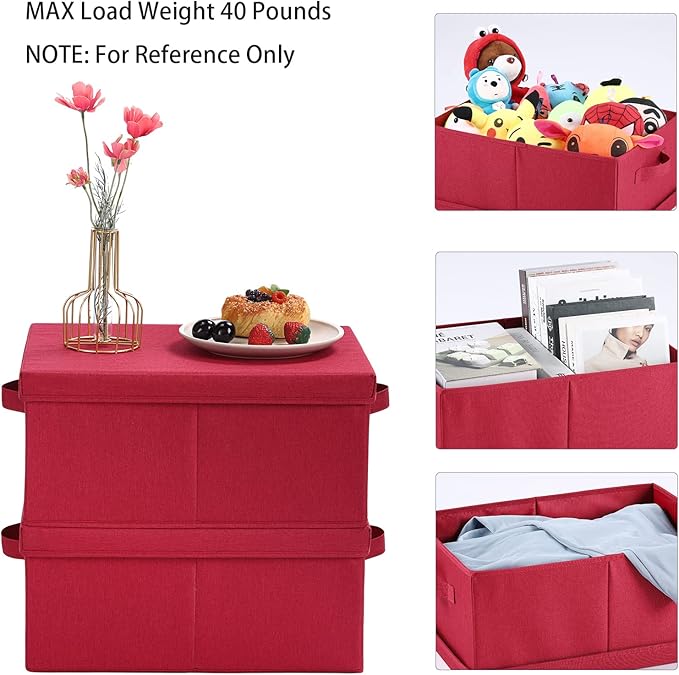HOONEX Storage Bins with Lids for Organizing, Pack of 2, Storage Boxes with 2 Carrying Handles and Sturdy Heavy Cardboard, 16.5" L x 11.8" W x 7.5" H for Shoes, Books, Clothes, Red