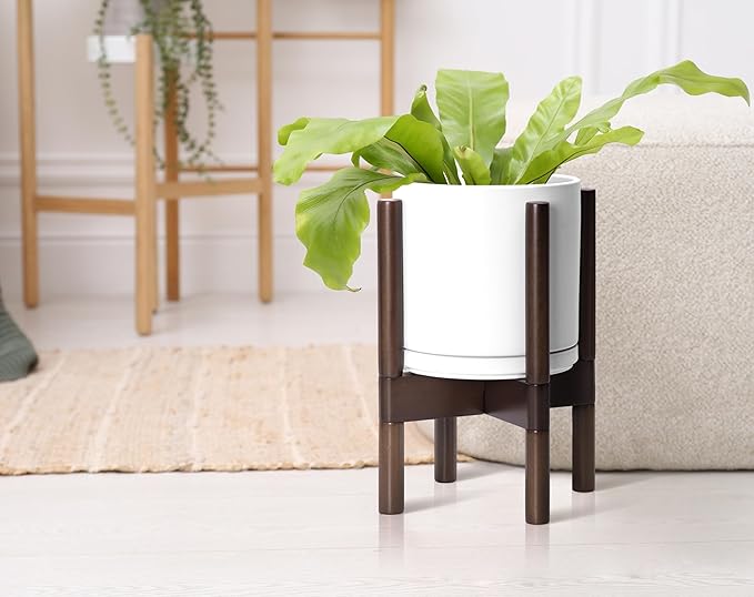 D'vine Dev Ceramic Planter with Walnut Color Stand - 8 Inch Modern Round Flower Pot with Wood Planter Holder, White, 55-B-Y-1