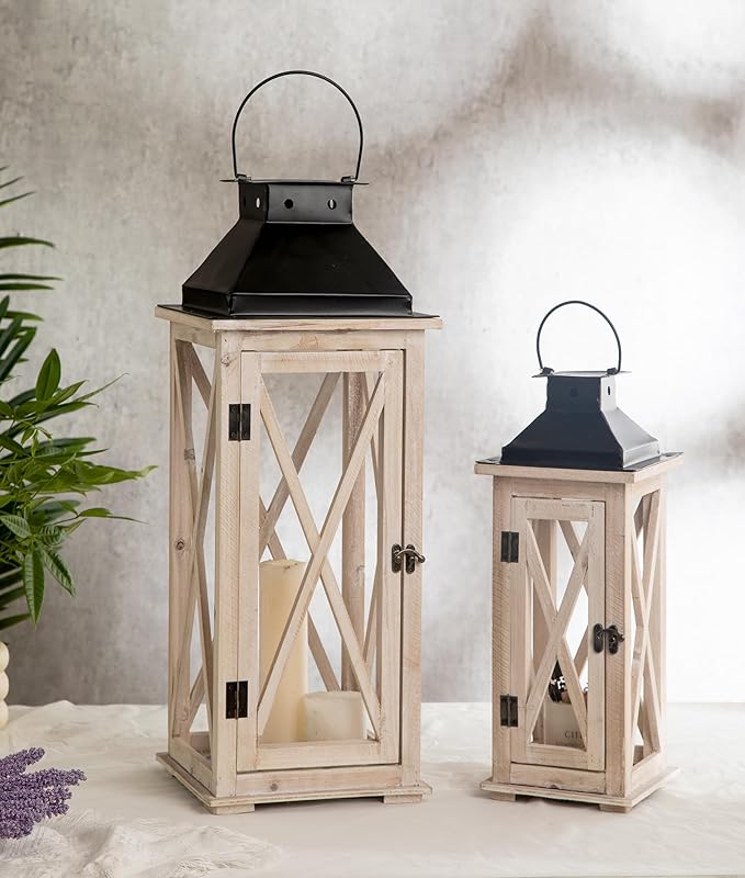 TIMRIS Large Wooden Candle Lanterns Decorative Set of 2, Rustic Farmhouse Whitewash Floor Lanterns, Indoor/Outdoor Hanging Lanterns for Home Decor (No Glass)