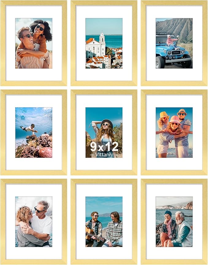 Vittanly 9x12 Picture Frames Set of 9, Shatter Resistant Plexiglass, Display 6x8 Pictures with Mat or 9x12 without Mat, Photo Frames for Wall or Tabletop, Engineered Wood, Gold