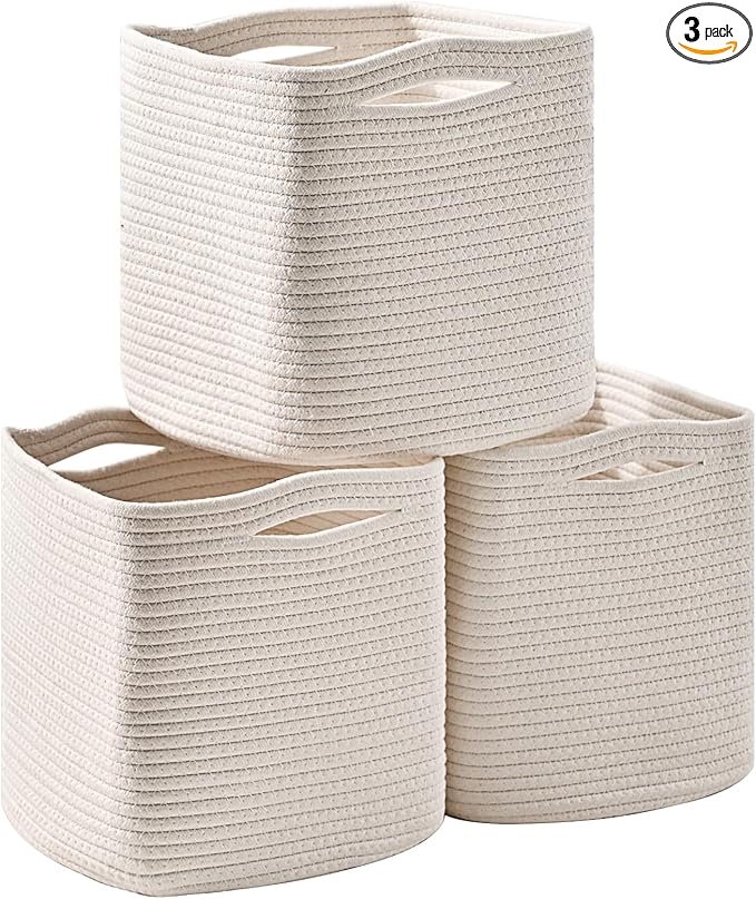 11 Inch Cube Storage Bins, Organizer Bins, Woven Cotton Rope Baskets for Storage, Storage Baskets for Organizing Shelves, White Basket for Toys, Off White (Pack of 3)