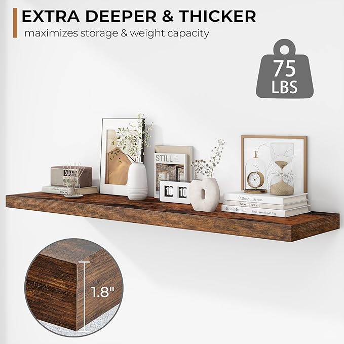 Fun Memories Floating Shelves - 12 Inch Rustic Wooden Wall Shelves - Extra Deeper & Thicker Wall Mounted Storage Shelf for Living Room, Kitchen, Farmhouse - 48" W x 12" D x 1.8" H - Brown