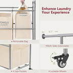 Tajsoon Laundry Hamper with Hanging Rack, Laundry Sorter 4 Sections, 4 Basket Butler with Lockable Wheels and Removable Bag, Rolling Laundry Cart for Bedroom, Beige