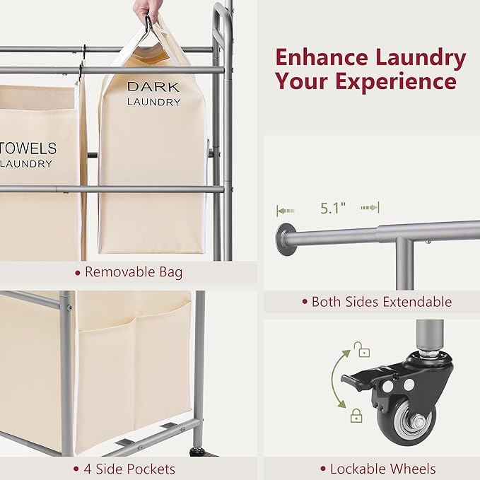Tajsoon Laundry Hamper with Hanging Rack, Laundry Sorter 4 Sections, 4 Basket Butler with Lockable Wheels and Removable Bag, Rolling Laundry Cart for Bedroom, Beige