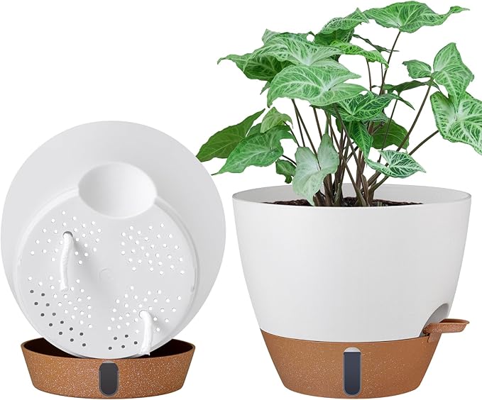 montresor 2 Pack 10 inch Plant Pots, PP Plastic Self Watering Plant Pot with Drainage and Tray for Indoor Outdoor Plants, Water Level Window & Reservoir Flower Pots Decorative Planter (White)