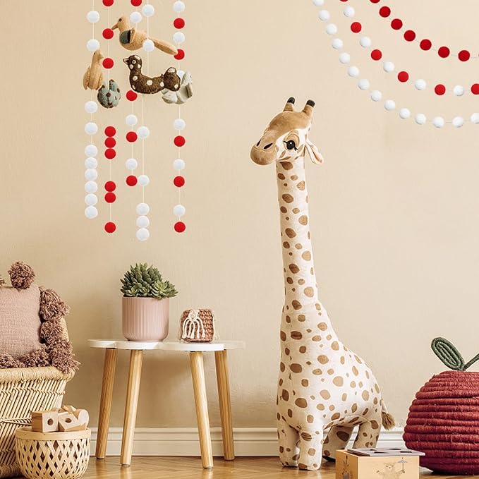 Jishi 3-Pack Pom Pom Garland Red and White Felt Ball Ornament Garland Christmas Decorations, Cute Pompom Strings for Christmas Tree Decor, Xmas Holiday Party, Birthday Banner - 6.6 Feet Long, 24 Balls