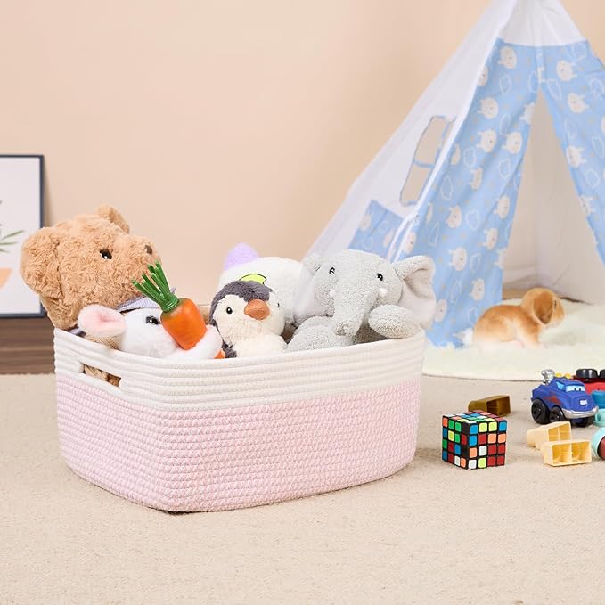 Large Storage Baskets for Shelves, Closet Organizers Bins for Clothes Blanket Towels, Baby Nursery, Toy Baskets Box, Woven Rope Baskets, 17 x 13 x 7.5”, 2 Packs Woven Pink