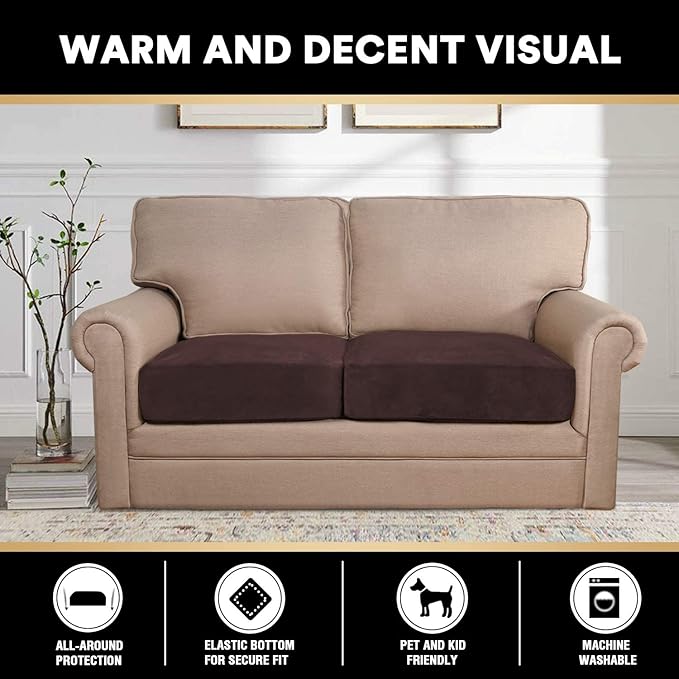 PrinceDeco Velvet Couch Cushion Cover Soft Stretch Cushion Slipcover for Chair Loveseat Sofa Cushion Furniture Protector Seat Cushion Sofa Cover (2 Piece Large Sofa Cushion Covers, Brown)