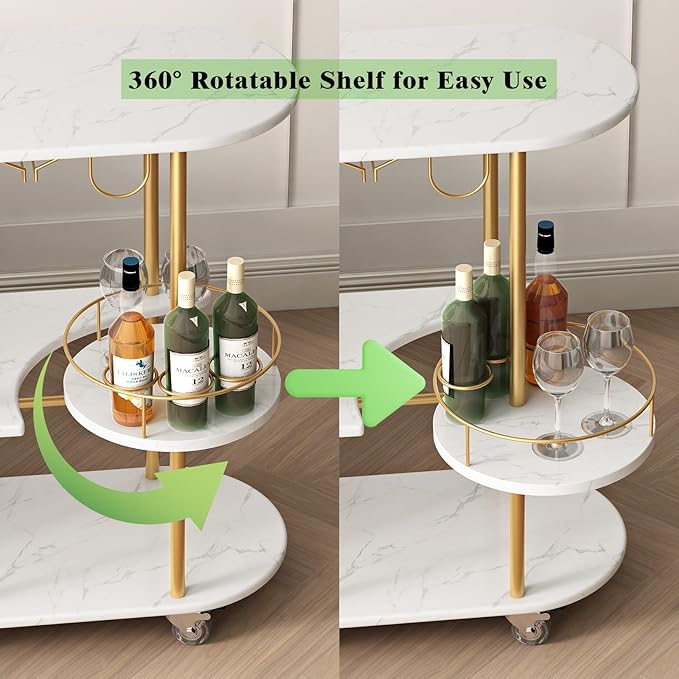 3 Tier Gold Bar Carts for Home Bar Serving Cart with Wheels, Heavy Duty Bar Wine Cart with Storage Shelves, for The Living Room, Kitchen, Bar, Party