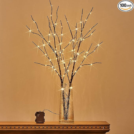 Birchlitland Lighted Brown Branches 32IN 100 LED with Timer Battery Operated, Artificial Tree Branch with Warm,Willow Branch Lights for Home Bedroom Fireplace Christmas Holiday Decoration
