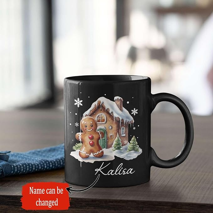 Personalized Christmas Gingerbread Black Cup, Christmas Gingerbread House Design Mug, Customized Name Christmas Coffee Cup 11oz 15oz, Custom Xmas Themed Ceramic Mug, Gift For Son Daughter
