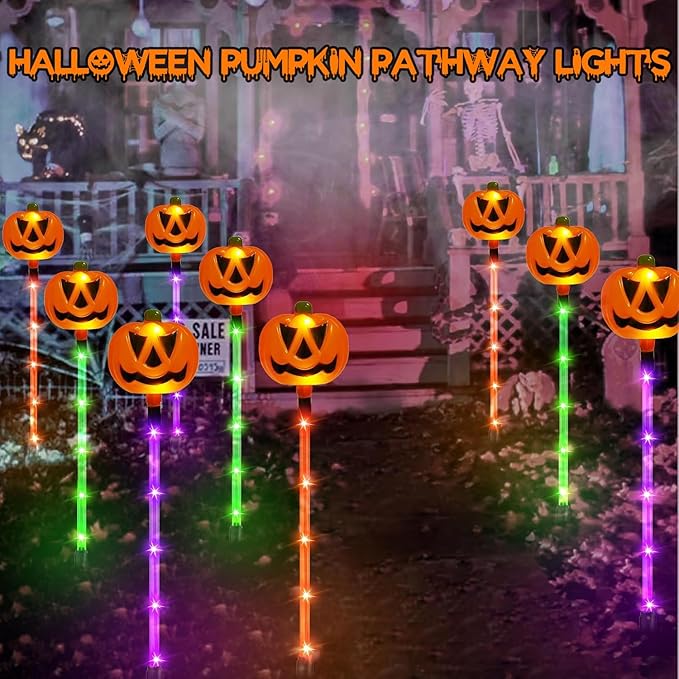 12 Pack Solar Pumpkin Lights for Halloween Decorations Outdoor, Waterproof Halloween Pathway Lights with 8 Modes, Orange Purple and Green Halloween Walkway Stake Lights for Yard Garden Party Decor
