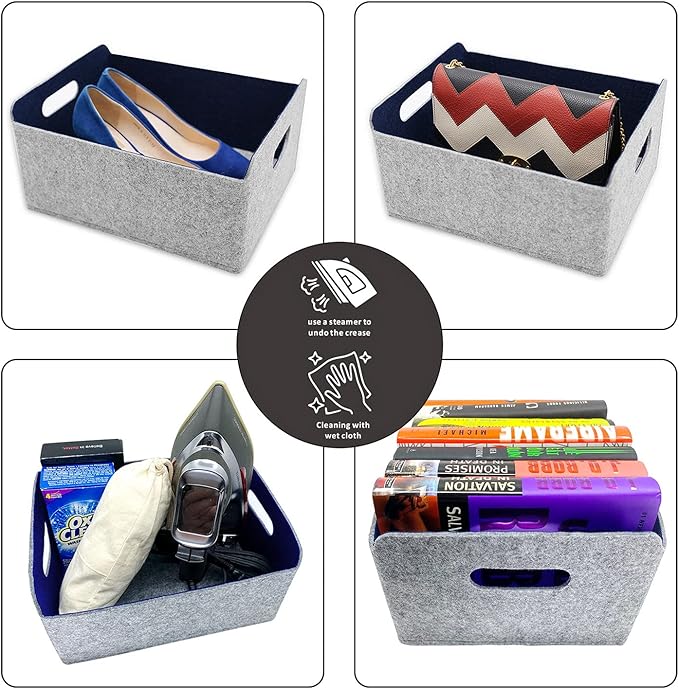 Welaxy storage baskets Felt Foldable Cube bin Shelf Bins Organizer Felt box for Kids Toys Magazine Books Clothes for Office Bedroom Closet Babies Nursery (navy x 3)