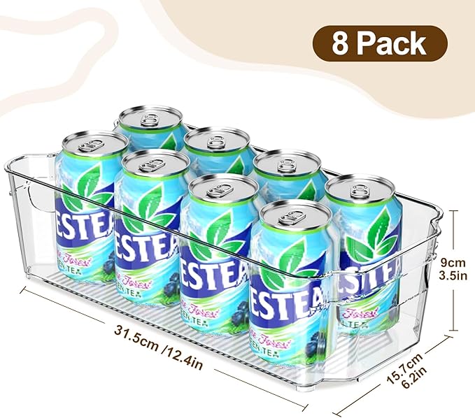 Clear Fridge Organizer, Refrigerator Organizer Bins with Handle, Freezer, Kitchen Cabinet, Pantry Organization, BPA Free Fridge Organizers (12.4 inch 8 Pack)