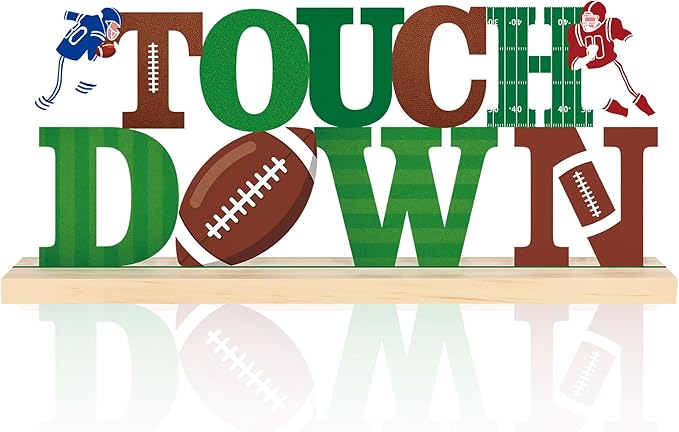 COCHIE Metal Football Touchdown Sign, Green Super Football Bowl Game Tailgate Party Decorations for Home, Office, Shelf, Mantel, Indoor, Touch Down Table Toppers Decor (Superbowl)