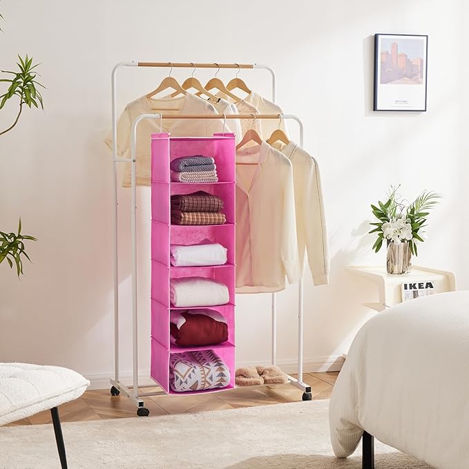 MAX Houser 6-Shelf Hanging Closet Organizer, Hanging Storage Shelves with 2 Sturdy Hooks Space-Saving for Bedroom, Foldable (Pink)