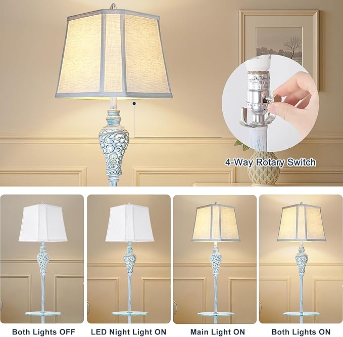 Vintage Floor Lamp with Night Light and Glass Tray, 65" High Retro Standing Lamp with Washed Blue Finish and White Linen Shade, Farmhouse Tall Lamp Decor for Living Room Bedroom House (Bulb Included)