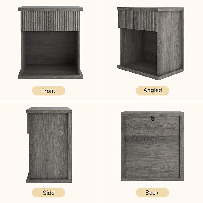Fluted Nightstand, 22.8" Wide Nightstands with Drawer Storage Large Wood BedsideTable Night Stand for Bedroom, Grey Oak