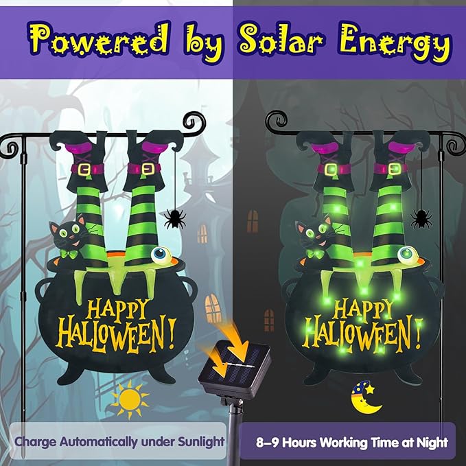 Halloween Lighted Garden Flag for Outside, Witch Feet Shape Flag Yard Decor, 8 Modes Double Sided Cauldron Eyeball Black Cat Outdoor Hlloween Decorations for Home Porch (Green-28x40)