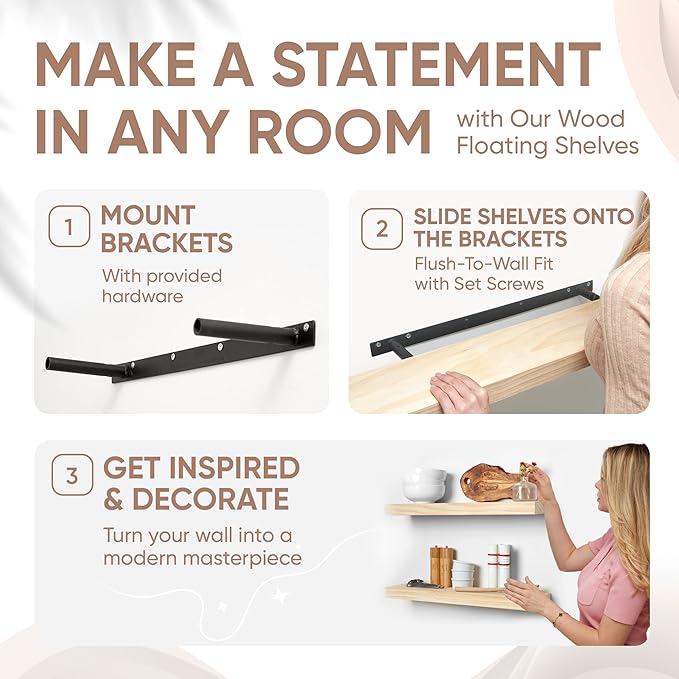 Homeforia 24 inch Wood Floating Shelves, High End Solid Natural Wood 24inch Floating Shelf for Wall, Unfinished Wooden 24 inches Floating Shelves, Heavy Duty Bracket, 24 X 6.5 X 1.75 in, Set of 4