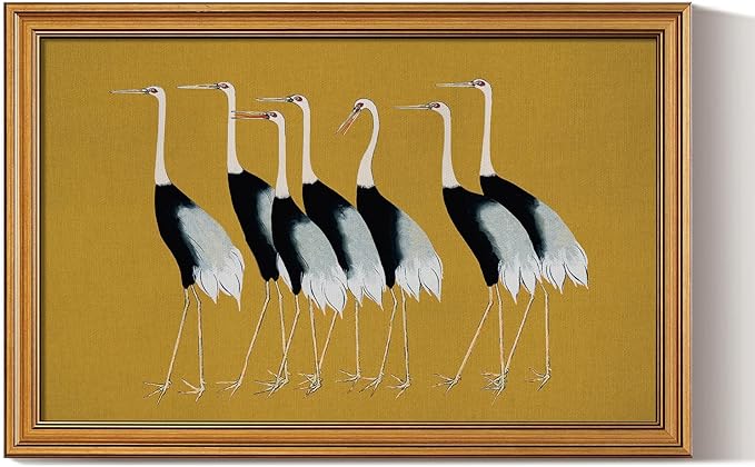 HUARCEY Gold Framed Vintage Wall Art for Living Room, Animals Painting Prints Shelf Decor for Kitchen, Aesthetic Bedroom Wall Art Decor, Christmas Gifts for Friends or Family (Seven Cranes 16"x24")