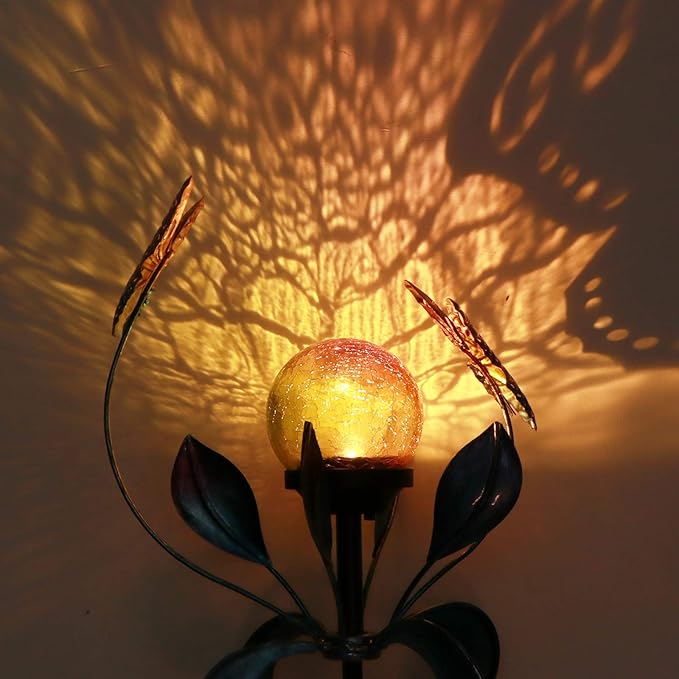 VCUTEKA Solar Lights Outdoor Metal Garden Stake Waterproof Crackle Glass Globe Garden Decor Butterfly for Pathway, Lawn, Patio, Yard