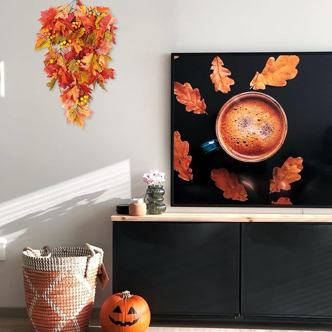 RECUTMS Fall Leaves Hanging Plant Artificial Fall Leaves Garland with Berry Fake Autumn Wall Hanging Leaf Vines for Home Halloween Party Door Frame Fireplace Decoration(Orange with Berry)
